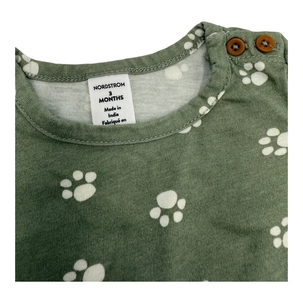 Nordstrom Green Paw Print Baby Neutral Top and Cream Pants Matching Set